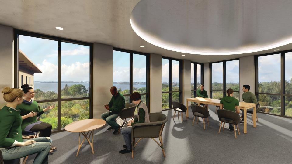 A rendering of one of the student lounges in the upcoming USF Sarasota-Manatee student housing building, slated to open in the fall of 2024.