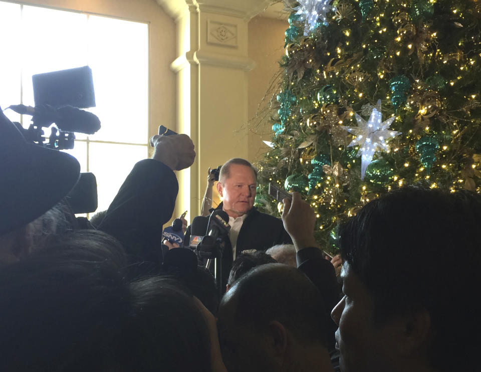 Baseball agent Scott Boras speaks to the media during the Major League Baseball winter meetings in Las Vegas, Wednesday, Dec. 12, 2018. Boras represents star free agent Bryce Harper and many other big names in the game. (AP Photo/Ben Walker)