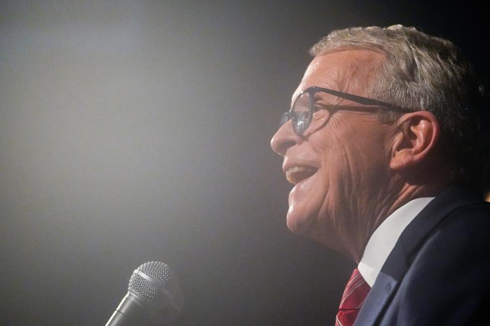 Tue., May 3, 2022; Columbus, Ohio, USA; Ohio Gov. Mike DeWine celebrates during a primary election victory party at his campaign headquarters. DeWine won the Republican Party's nomination for governor despite primary challenges from three other Republicans. Mandatory Credit: Joshua A. Bickel/Columbus Dispatch