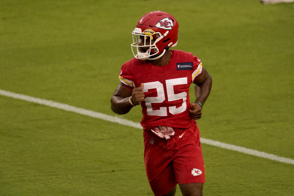 Kansas City Chiefs running back Clyde Edwards-Helaire runs during NFL football training camp Saturday, Aug. 29, 2020, at Arrowhead Stadium in Kansas City, Mo. The Chiefs opened the stadium to 5,000 season ticket holders to watch practice as the team plans to open the regular season with a reduced capacity of approximately 22 percent of normal attendance. (AP Photo/Charlie Riedel)