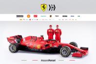 Ferrari's drivers Charles Leclerc and Sebastian Vettel pose next to the new Ferrari Formula One