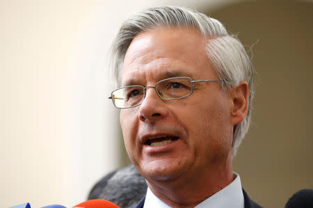 British ambassador to Venezuela Andrew Keith Sope delivers a news conference next to Venezuelan opposition leader Juan Guaido, who many nations have recognized as the country's rightful interim ruler, and accredited diplomatic representatives of the European Union in Caracas, Venezuela February 19, 2019. REUTERS/Marco Bello