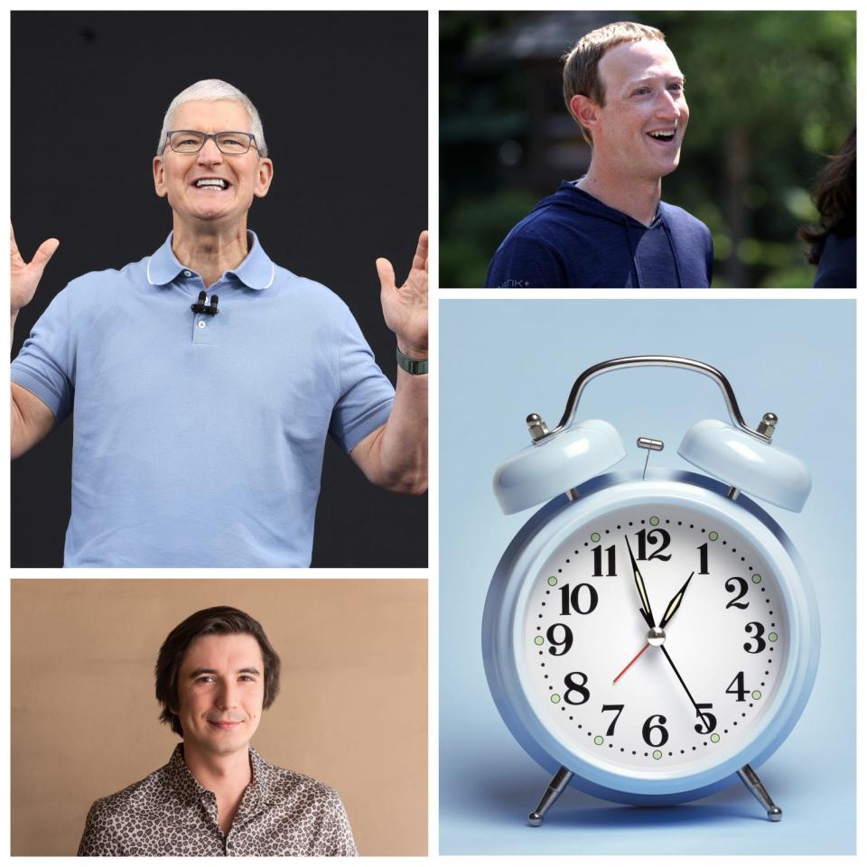 Von Tim Cook von Apple (oben links) über Mark Zuckerberg von Meta (oben rechts) bis hin zu Vlad Tenev von Robinhood (unten links) — CEOs haben einen ziemlich wilden Schlafrhythmus.  - Copyright: Vlad Tenev/Justin Sullivan/Kevin Dietsch/Peter Dazeley/Getty Images