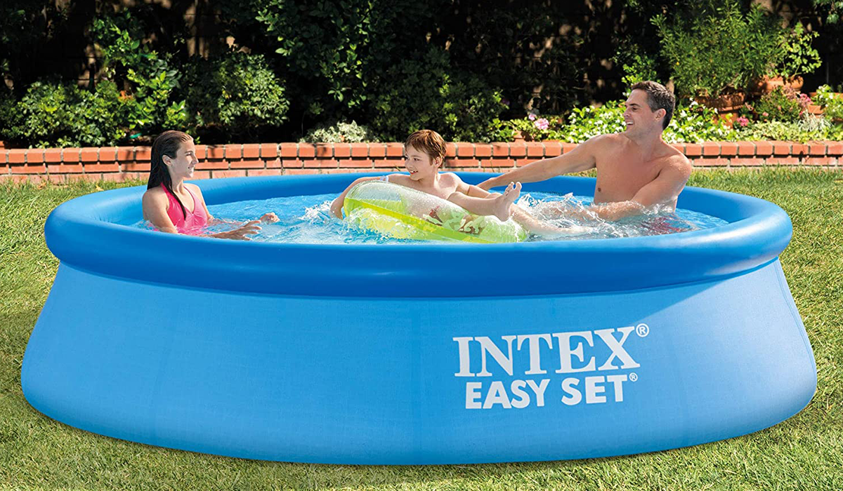 Three people playing in 10-foot Intex Easy Set pool.