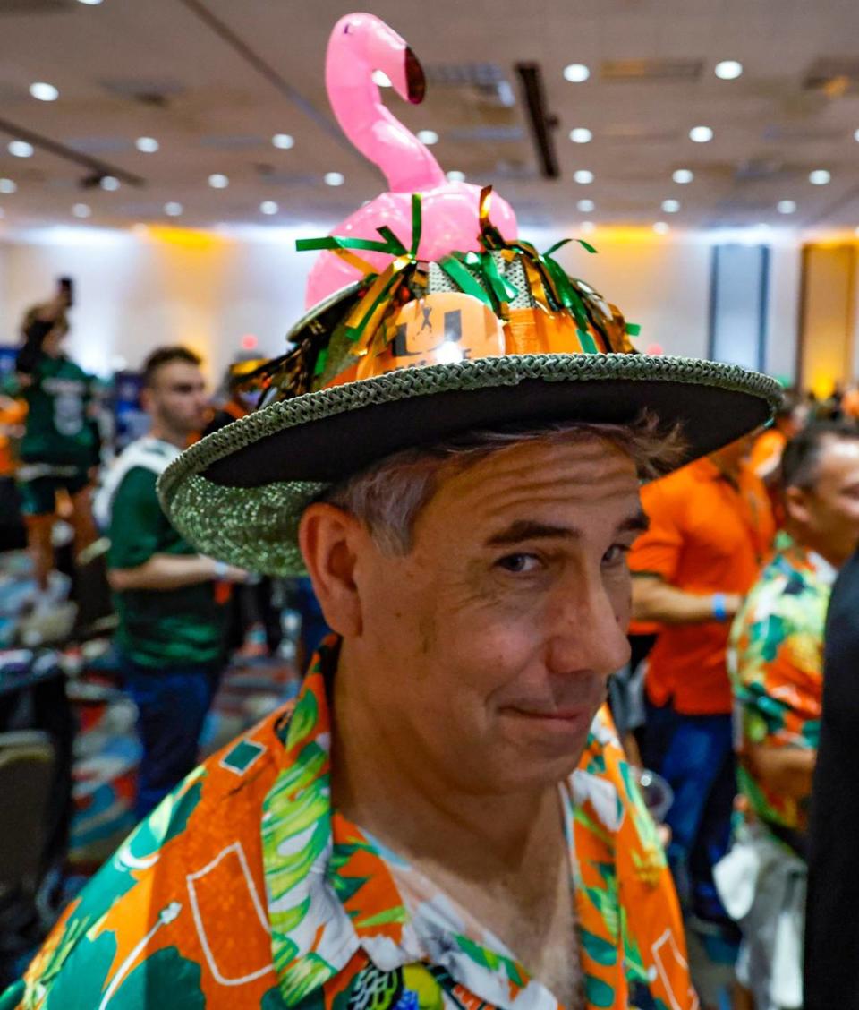 University of Miami fan Gray Angelly shows support before the start of the Men’s Basketball Championship National Semifinal between Florida Atlantic Owls against the San Diego State Aztecs at NRG Stadium in Houston, Texas on Saturday, April 1, 2023.