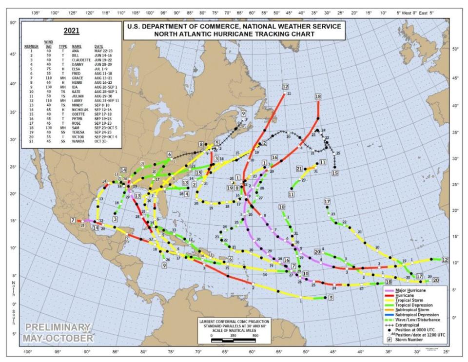 2021 hurricane tracking chart through October. Credit: NOAA