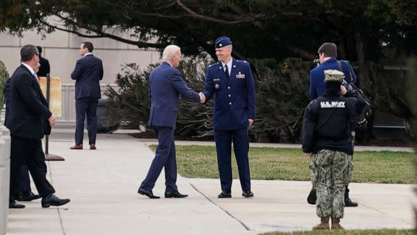 PHOTO: President Joe Biden is greeted by members of the military as he arrives for an annual physical exam at Walter Reed National Military Medical Center in Bethesda, Md., Feb. 16, 2023. (Sarah Silbiger/Reuters)