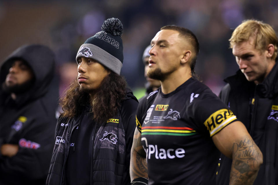 WIGAN, ENGLAND - FEBRUARY 24: Jarome Luai and James Fisher-Harris of Penrith Panthers look on dejected following the Betfred Super League Final match between Wigan Warriors v Catalans Dragons at DW Stadium on February 24, 2024 in Wigan, England. (Photo by Jan Kruger/Getty Images)