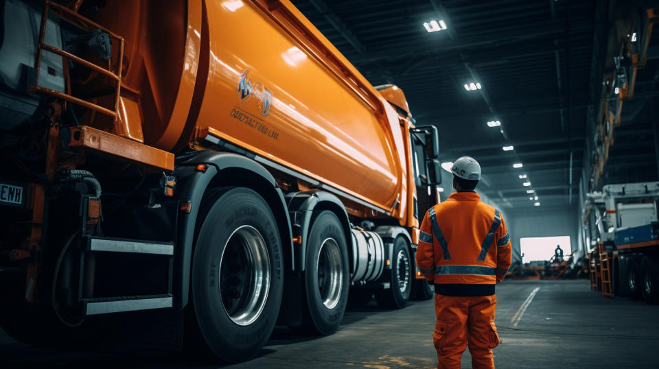 A mechanic in an orange jumpsuit inspecting a large truck and its hydrogen-electric battery.