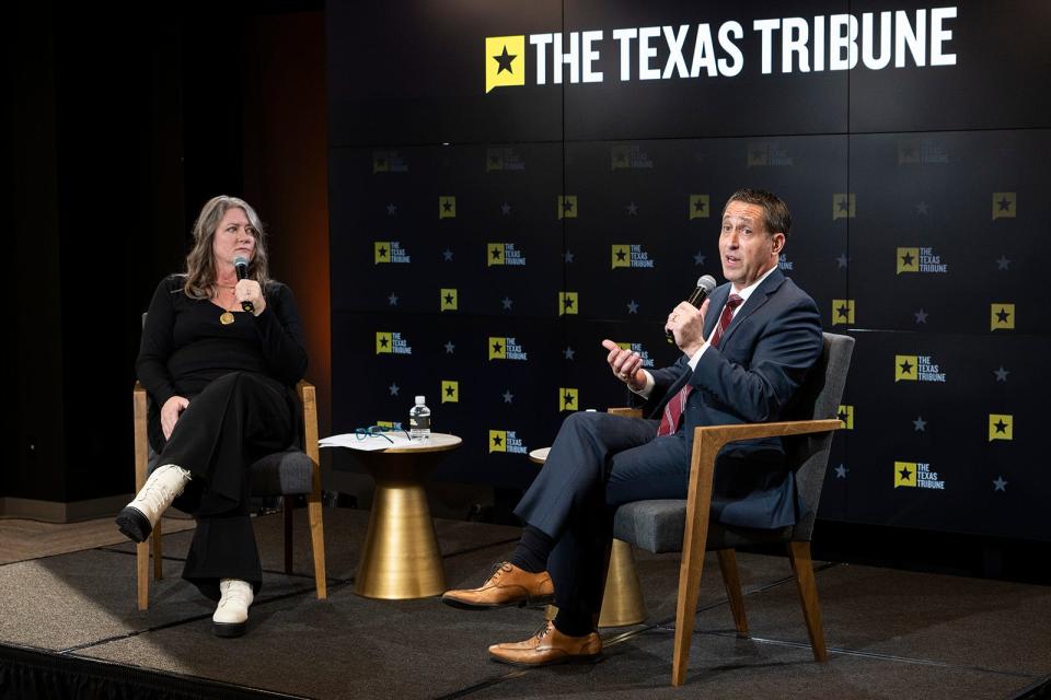 Texas Comptroller Glenn Hegar discusses the state's revenue estimate Monday with Texas Tribune reporter Karen Brooks Harper.