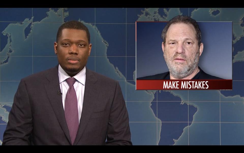 &ldquo;You assaulted dozens of women -- that&rsquo;s not a mistake, that&rsquo;s a full season of &lsquo;Law and Order,&rsquo;&rdquo; Michael Che said of Weinstein on Weekend Update. (Photo: SNL)