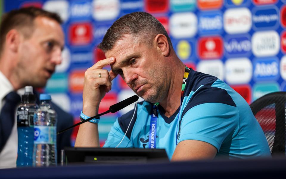 Sergii Rebrov, Head Coach of Ukraine, speaks during a press conference ahead of the group stage match against Romania at Munich Football Arena on June 16, 2024 in Munich, Germany