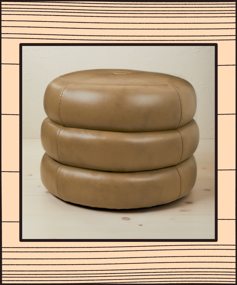 <h2><a href="https://www.target.com/p/molise-faux-leather-pouf-opalhouse-designed-with-jungalow/-/A-82705648?preselect=82279306#lnk=sametab" rel="nofollow noopener" target="_blank" data-ylk="slk:Molise Faux Leather Pouf" class="link ">Molise Faux Leather Pouf <br></a></h2><br>“This one is different from the others I pulled. I was drawn to the shape and the fact you can put it anywhere to fill any awkward gaps you might have in your space. In the living room, I’d stack books and a candle on top of it, or you can put it off to the side in the hallway for an elevated look.” <br><br><br><strong>Opalhouse designed with Jungalow</strong> Molise Faux Leather Pouf, $, available at <a href="https://go.skimresources.com/?id=30283X879131&url=https%3A%2F%2Fwww.target.com%2Fp%2Fmolise-faux-leather-pouf-opalhouse-designed-with-jungalow%2F-%2FA-82705648%3Fpreselect%3D82279306%23lnk%3Dsametab" rel="nofollow noopener" target="_blank" data-ylk="slk:Target" class="link ">Target</a>