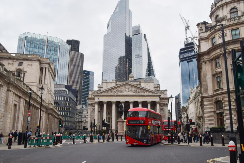 Bank of England and the Royal Exchange. FTSE and EU stocks mixed