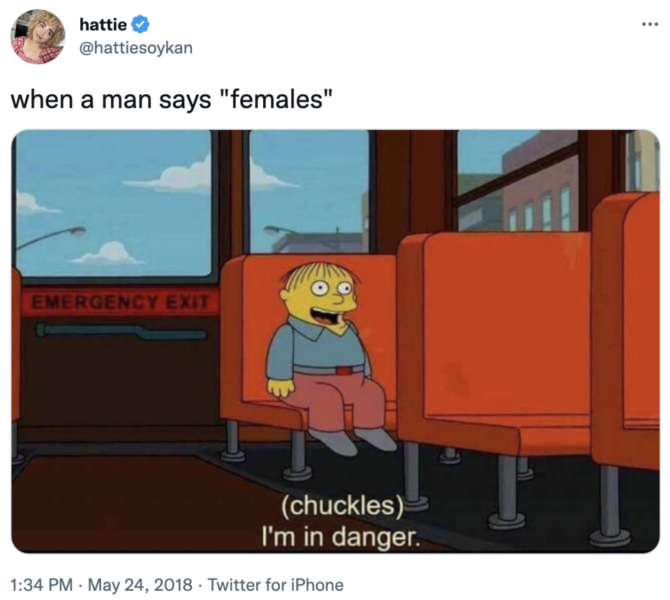 when a man says "females' and then a photo of a cartoon kid alone on a bus saying, i'm in danger