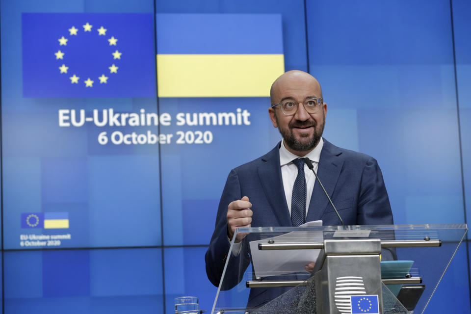 European Council President Charles Michel speaks during an online news conference at the end of the EU-Ukraine summit at the European Council in Brussels, Tuesday, Oct. 6, 2020. The leaders discussed ways to strengthen EU-Ukraine relations, the long-running conflict in eastern Ukraine and ways to help the country weather the impact of the coronavirus. (Stephanie Lecocq/Pool Photo via AP)