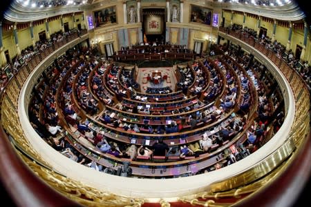 Spanish acting PM Sanchez delivers his speech during the investiture debate at Parliament in Madrid