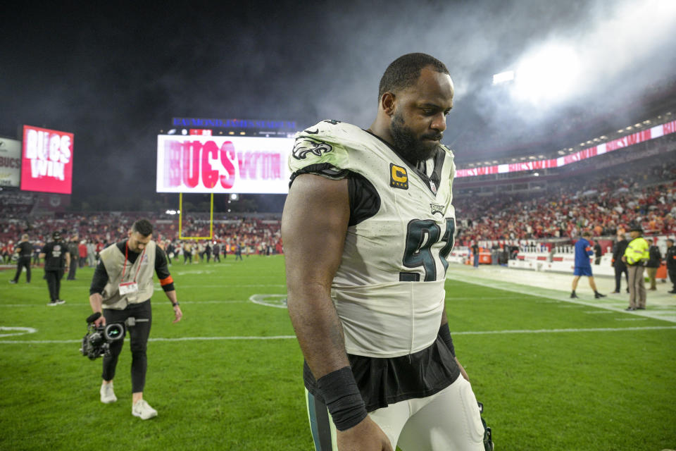 Philadelphia Eagles defensive tackle Fletcher Cox leaves the field following an NFL wild-card playoff football game against the Tampa Bay Buccaneers, Monday, Jan. 15, 2024, in Tampa, Fla. The Buccaneers won 32-9. (AP Photo/Phelan M. Ebenhack)