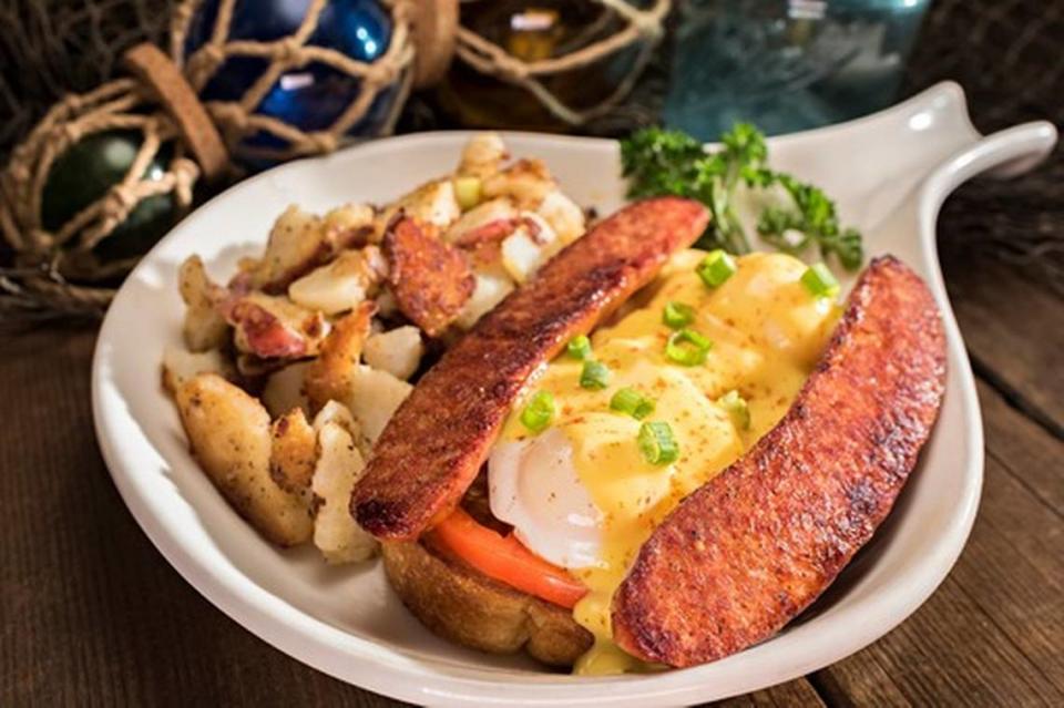 This New Orleans take on eggs benedict is a Cajun version with andouille sausage, a featured breakfast at Huckleberry’s in Atascadero.