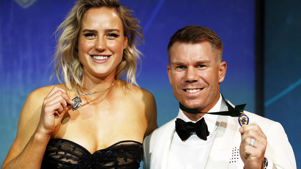 Ellyse Perry and David Warner, pictured here their medals at the Australian Cricket Awards.