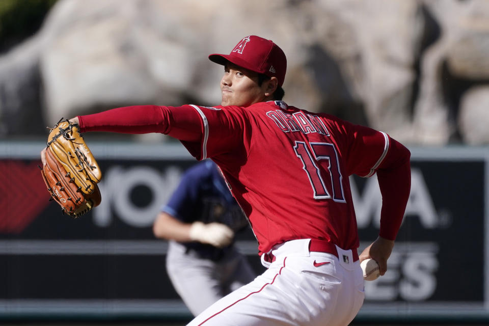 Los Angeles Angels starting pitcher Shohei Ohtani throws to the plate during the third inning of a baseball game against the Tampa Bay Rays Wednesday, May 11, 2022, in Anaheim, Calif. (AP Photo/Mark J. Terrill)