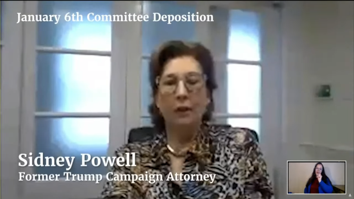 Sidney Powell speaks via deposition during the House Select Committee hearing on July 12, 2022. (House TV)