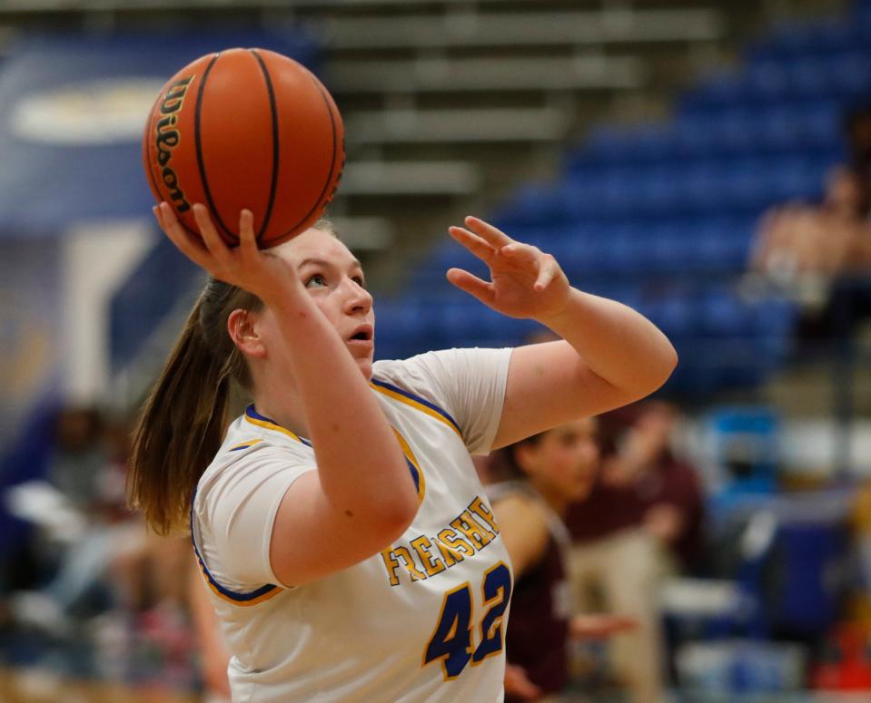 Frenship's Abby Boyce (42)  prepares to shoot the ball against Midland Legacy, Tuesday, Jan. 17, 2023, at the Tiger Pit in Wolfforth.