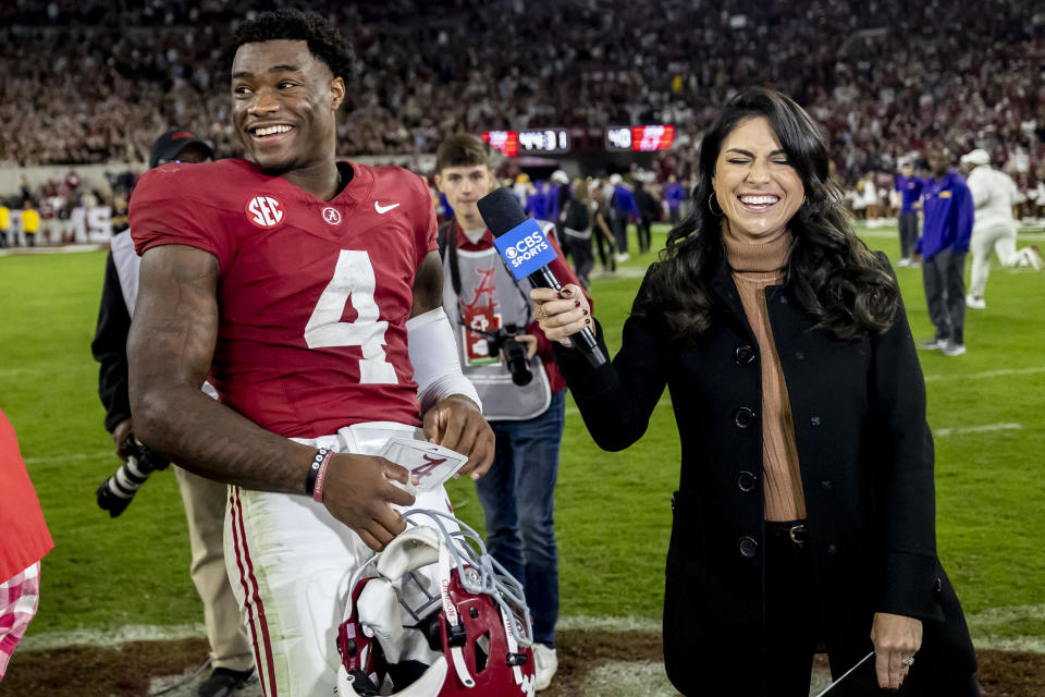 Alabama quarterback Jalen Milroe (4) smiles during an interview with CBS reporter Jenny Dell after a win over LSU in an NCAA college football game, Saturday, Nov. 4, 2023, in Tuscaloosa, Ala. (AP Photo/Vasha Hunt)