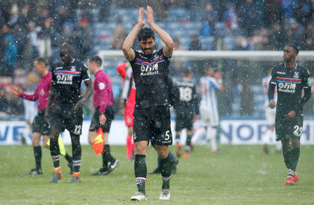 Soccer Football - Premier League - Huddersfield Town vs Crystal Palace - John Smith's Stadium, Huddersfield, Britain - March 17, 2018 Crystal Palace's James Tomkins celebrates after the match Action Images via Reuters/Craig Brough