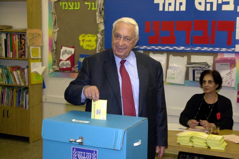 Likud Prime Ministerial Candidate Ariel Sharon cast his ballot in Jerusalem on February 6, 2001. He was elected prime minister. File Photo by Debbie Hill/UPI