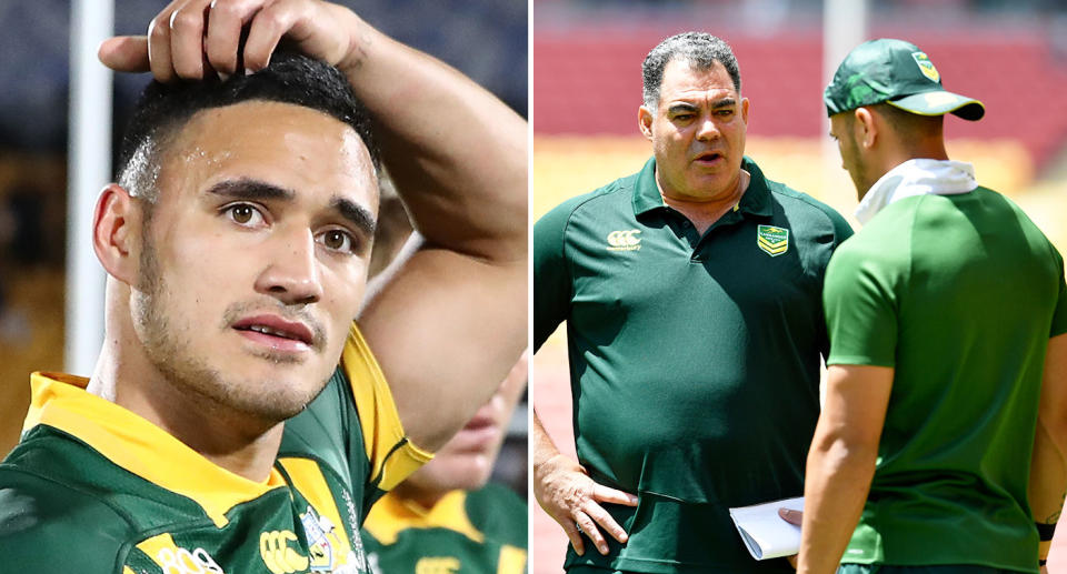 Pictured left to right is Valentine Holmes and Kangaroos coach Mal Meninga.