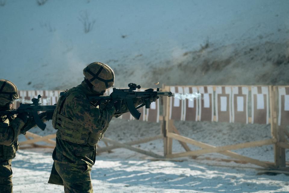 Finnish Reservists Of The Guard Jaeger Regiment Stand At A Shooting Range As They Take Part In A Military Exercise At The Santahamina Military Base In Helsinki, Finland On March 7, 2023.