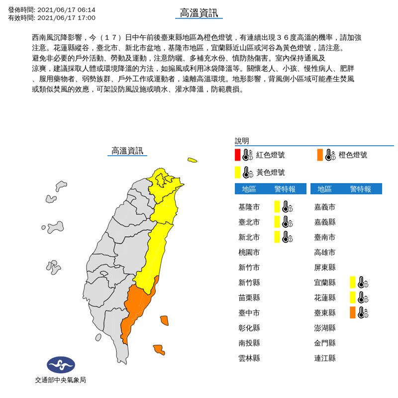 全台6縣市高溫特報，慎防熱傷害。（圖／中央氣象局）