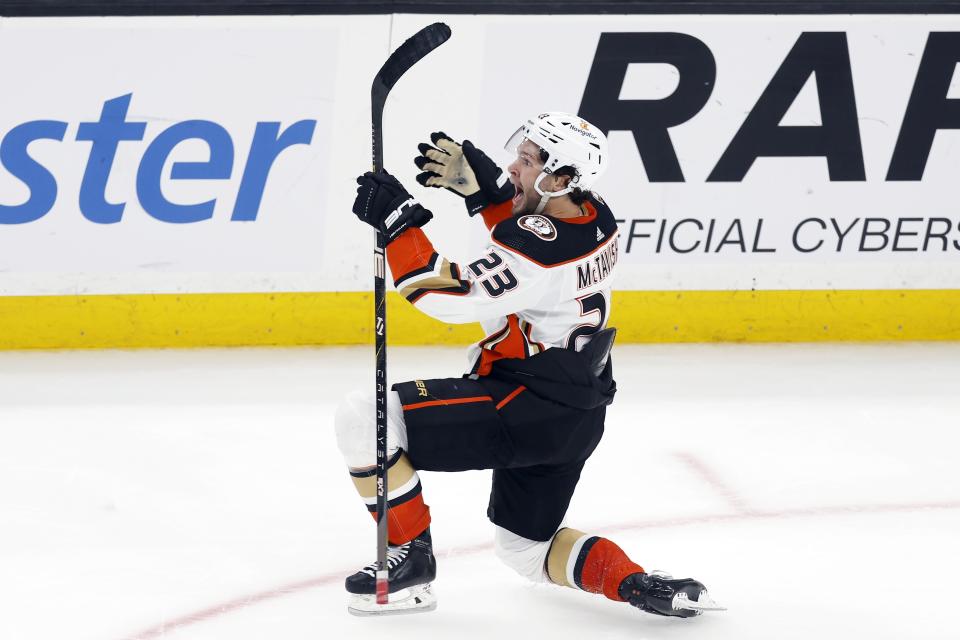Anaheim Ducks' Mason McTavish celebrates after his goal in overtime of an NHL hockey game against the Boston Bruins, Thursday, Oct. 26, 2023, in Boston. (AP Photo/Michael Dwyer)