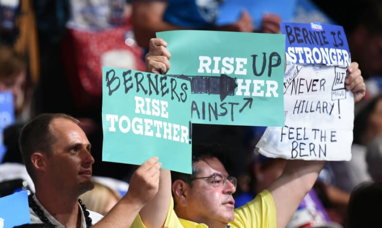 Delegates hold up signs during the Democratic National Convention in Philadelphia, Pennsylvania, July 25, 2016