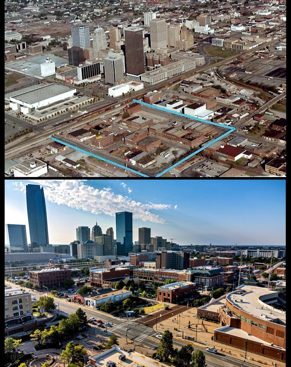First photo shows area first developed as "Brick Town USA" by Neal Horton in the early 1980s. Lower Photo: The Oklahoma City skyline is seen from Bricktown.