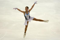 Alena Kostornaia of Russia performs in the ladies short program during the ISU Grand Prix of Figure Skating in Sapporo, northern Japan, Friday, Nov. 22, 2019. (AP Photo/Toru Hanai)