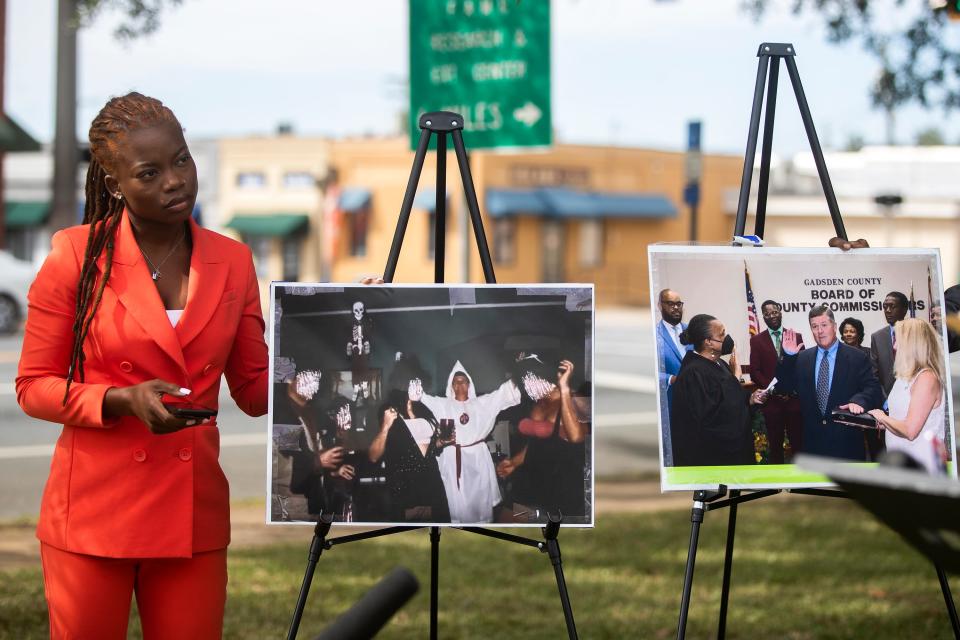 Activist Marie Rattigan speaks outside the Gadsden County Courthouse at a press conference on Wednesday, Sept. 28, 2022. Local leaders asked former Gadsden County Commissioner Jeffery Moore for a response to the photo allegedly of him in KKK garb.