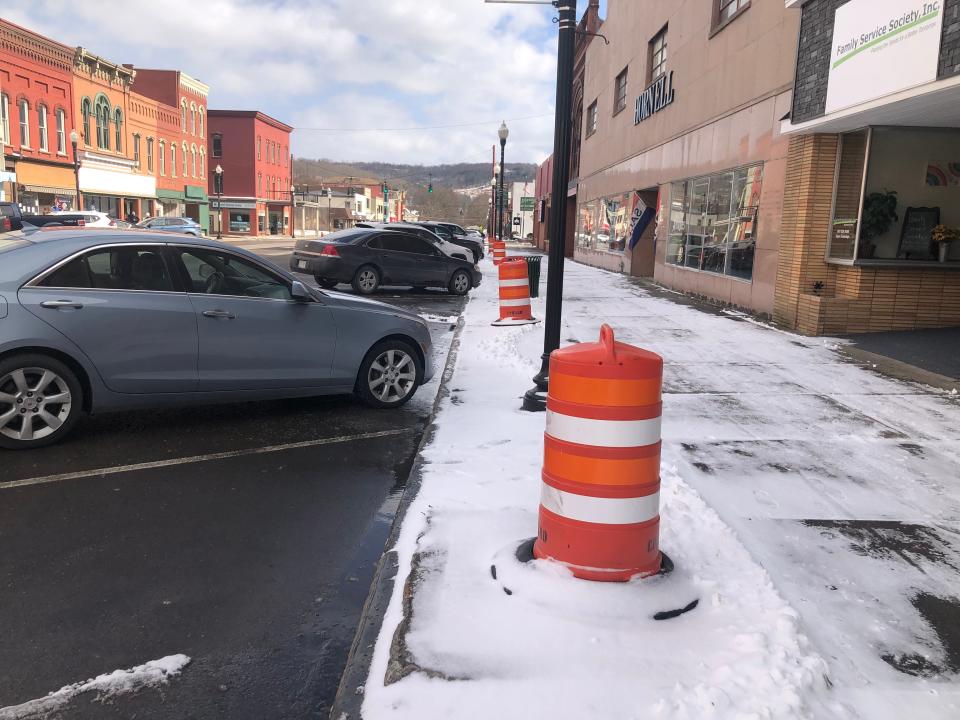 Construction cones cover where trees were removed ahead of the start of Hornell's downtown streetscape project, which will be conducted in four phases throughout 2024.