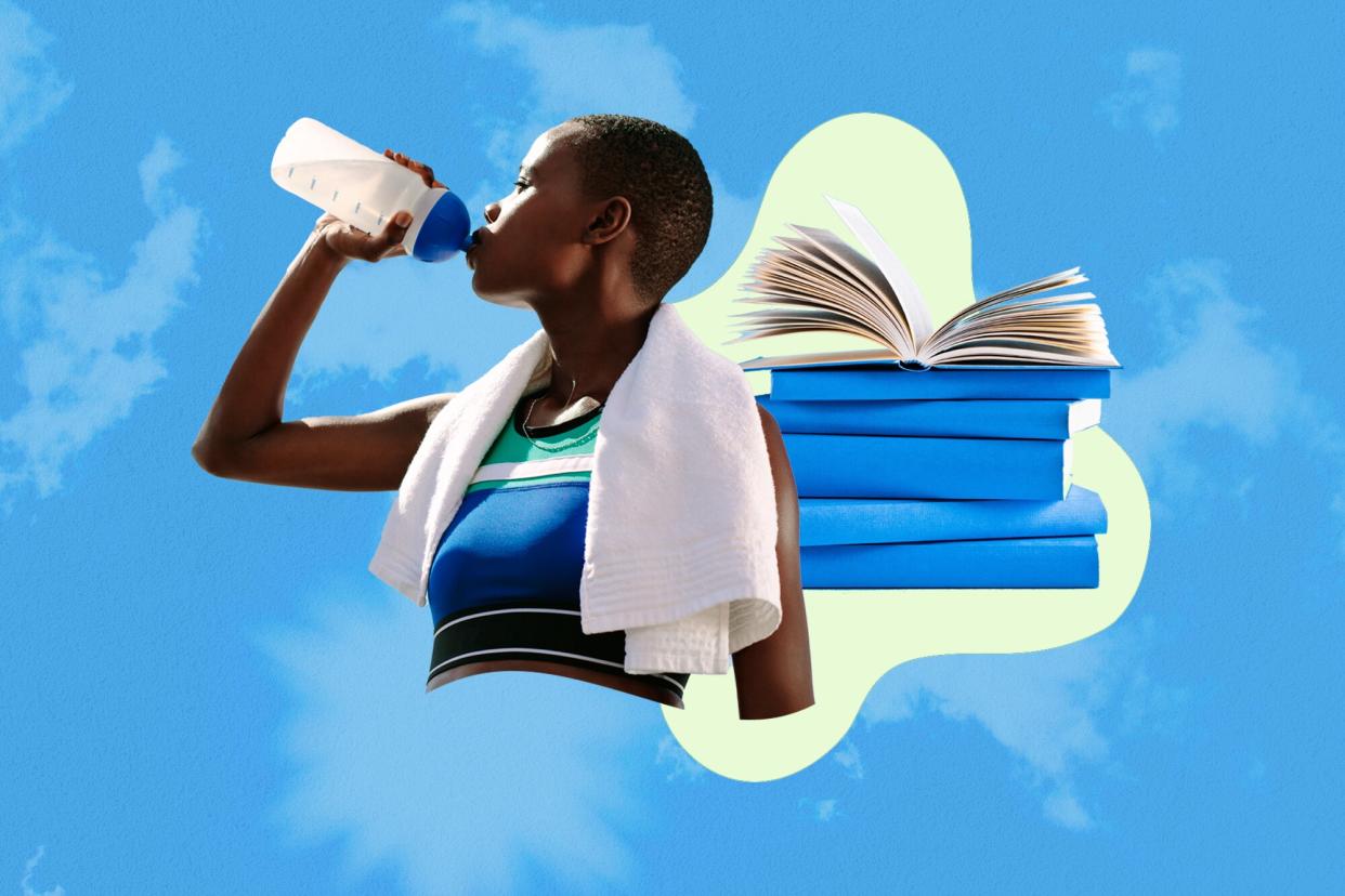 a collage featuring a photo of a woman drinking water and a pile of books