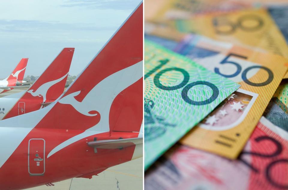 Compilation image of Qantas symbol on airplane and pile of money