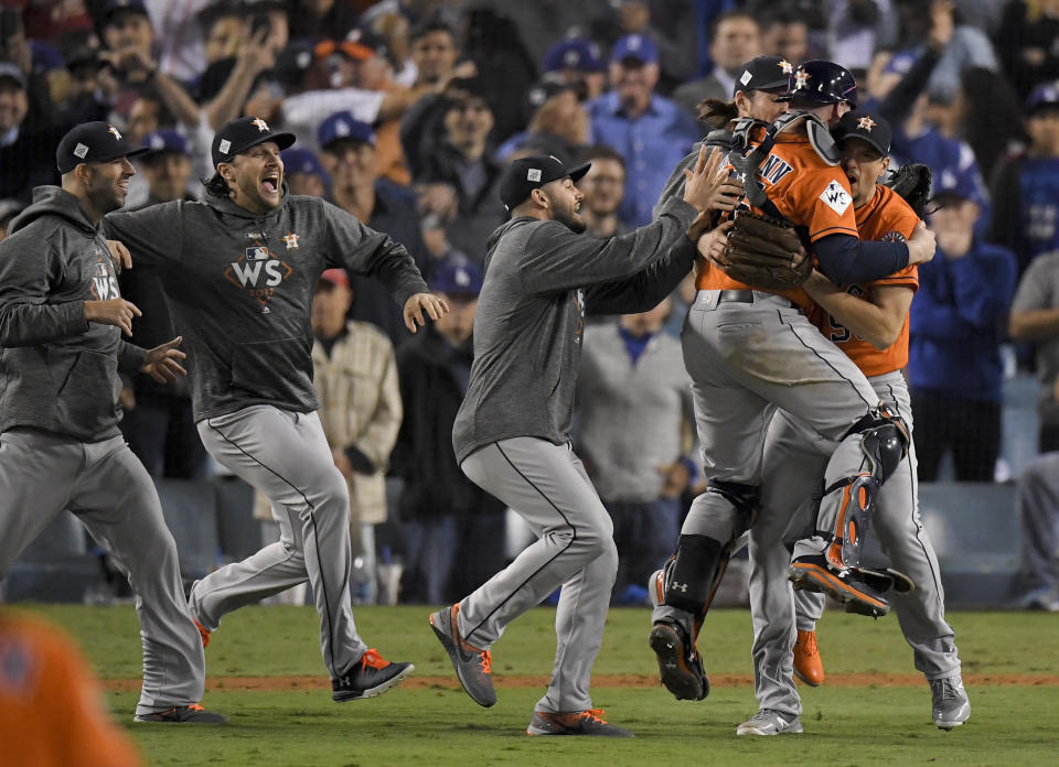 Members the the Houston Astros celebrate their win against the Los Angeles Dodgers in Game 7 of baseball’s World Series Wednesday, Nov. 1, 2017, in Los Angeles. (AP Photo/Mark J. Terrill)