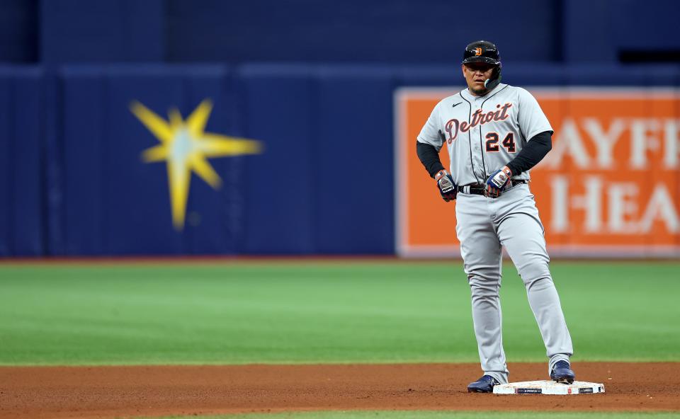 Miguel Cabrera of the Detroit Tigers looks on during a game against the Tampa Bay Rays on Opening Day at Tropicana Field in St. Petersburg, Florida, on Thursday, March 30, 2023.