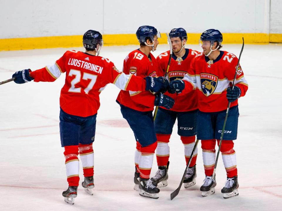 Florida Panthers center Carter Verhaeghe (23) is congratulated by teammates after scoring during the first period of the first training camp scrimmage in preparation for the 2021 NHL season at the BB&T Center on Thursday, January 7, 2021 in Sunrise.