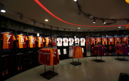 Soccer team jerseys are on sale at an official Galatasaray store at Turk Telekom Arena in Istanbul, Turkey January 31, 2016. REUTERS/Murad Sezer