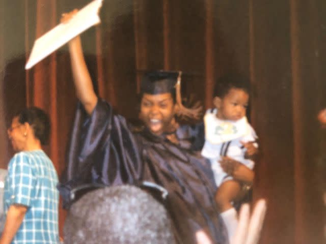 Taraji P. Henson Instagram Taraji P. Henson at her graduation holding her son, Marcell Johnson.