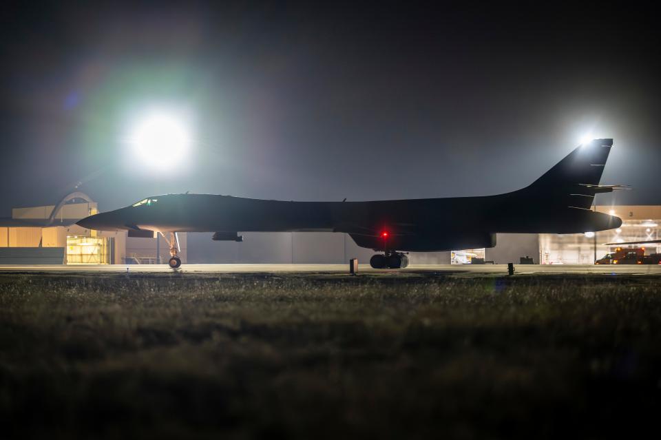 A B-1B Lancer from Ellsworth Air Force Base, South Dakota, taxis down the runway before takeoff at Dyess Air Force Base, Texas, Feb. 1, 2024.