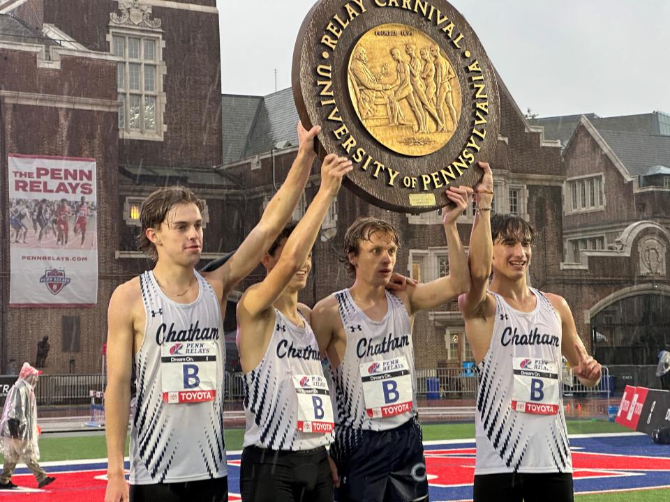 The Chatham boys 4x800 - senior Charlie Henne, sophomore Adam Petitjean, junior Leo Valenzuela and senior Ryan Beegle, won the school's first Penn Relays Championship of America wagon wheel.