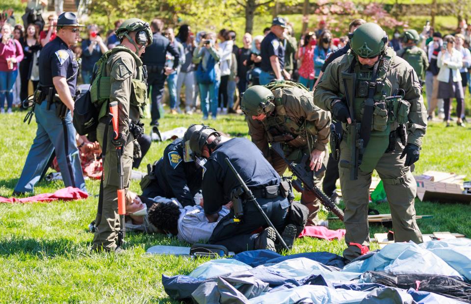 Indiana State Police arrest protesters at Indiana University, April 25, 2024.