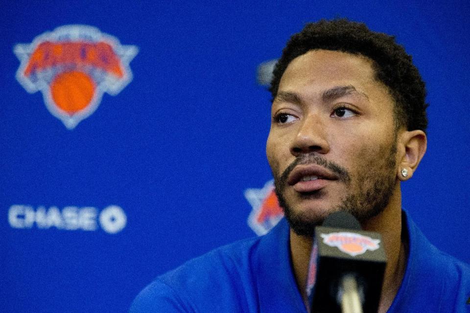 FILE - In this June 24, 2016, file photo, New York Knicks&#39; Derrick Rose speaks during a news conference at Madison Square Garden in New York. Phil Jackson made a risky move when he traded for the injury-prone Rose in June, and now the Knicks face the possibility of their point guard&#39;s involvement in a rape trial in California during his first preseason with the team. (AP Photo/Mary Altaffer, File)